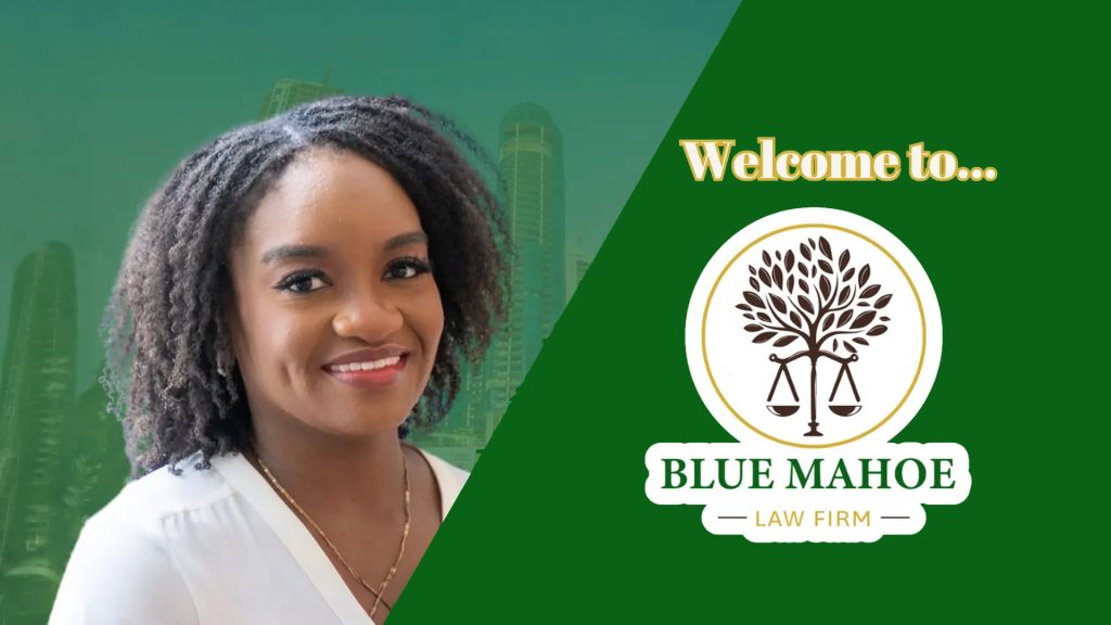 Smiling woman portrait on a green banner with the Blue Mahoe Law Firm logo and 'Welcome to…' text.
