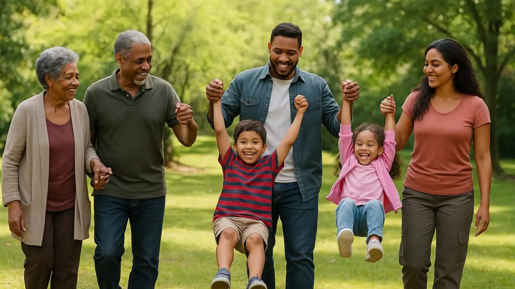 A diverse family of six smiling as two kids are swung by their parents and grandparents in a green park.